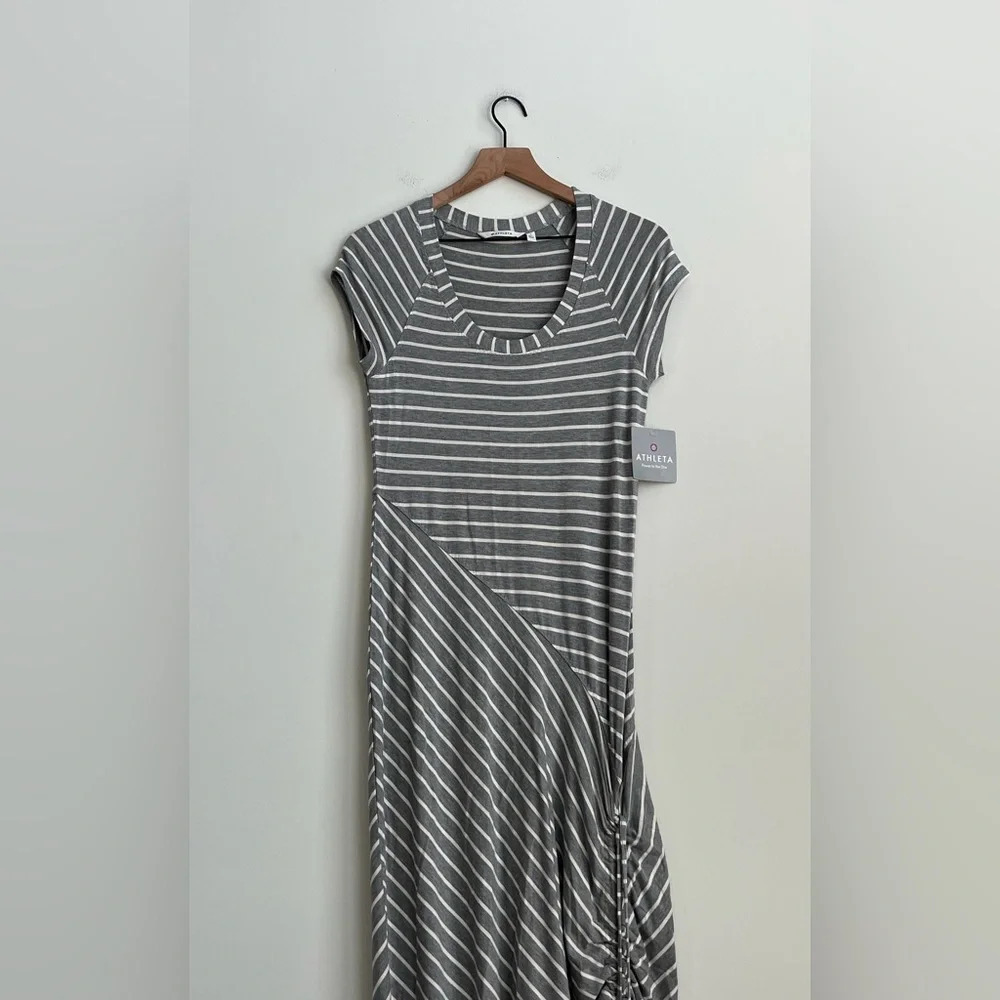 New Athleta Shark Bite Cinch Maxi Dress Gray Asymmetrical Striped Jersey Small - Picture 5 of 14